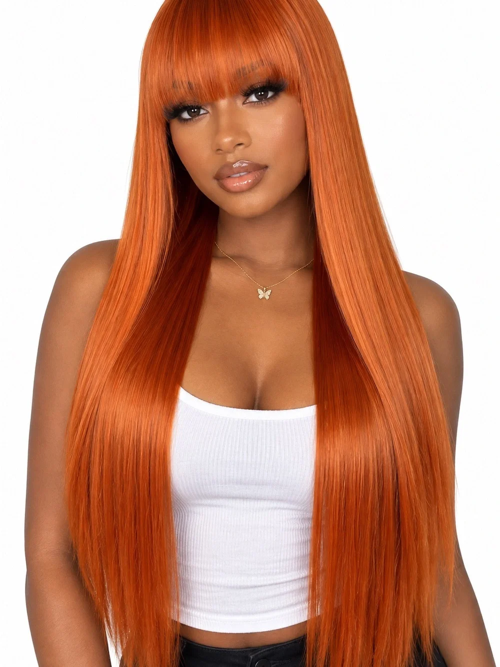 Sleek Long Straight Wig with Blunt Bangs - Copper Red 26 Inches Long